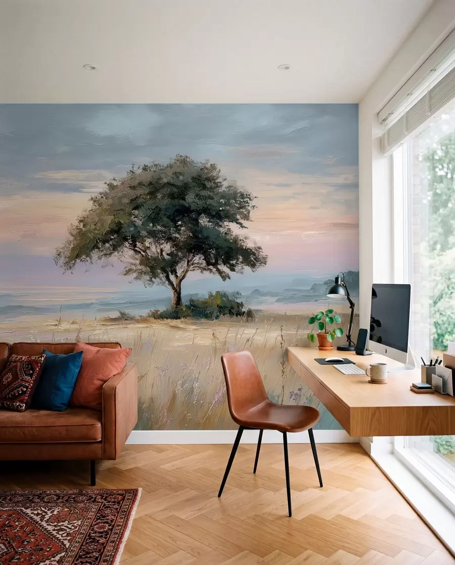 Fotobehang boom in het midden van een veld in de stijl van olieverfschilderij w04206
