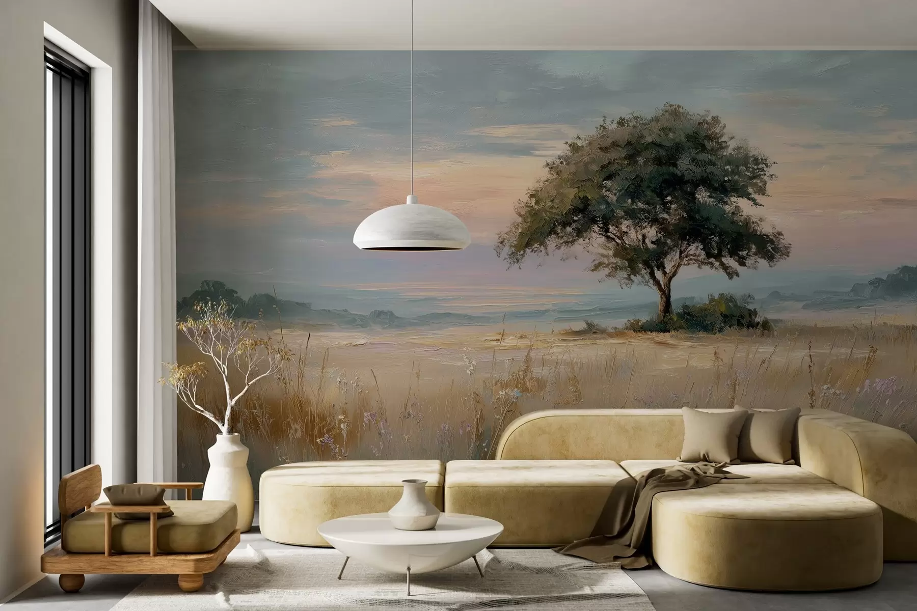 Fotobehang boom in het midden van een veld in de stijl van olieverfschilderij w04206