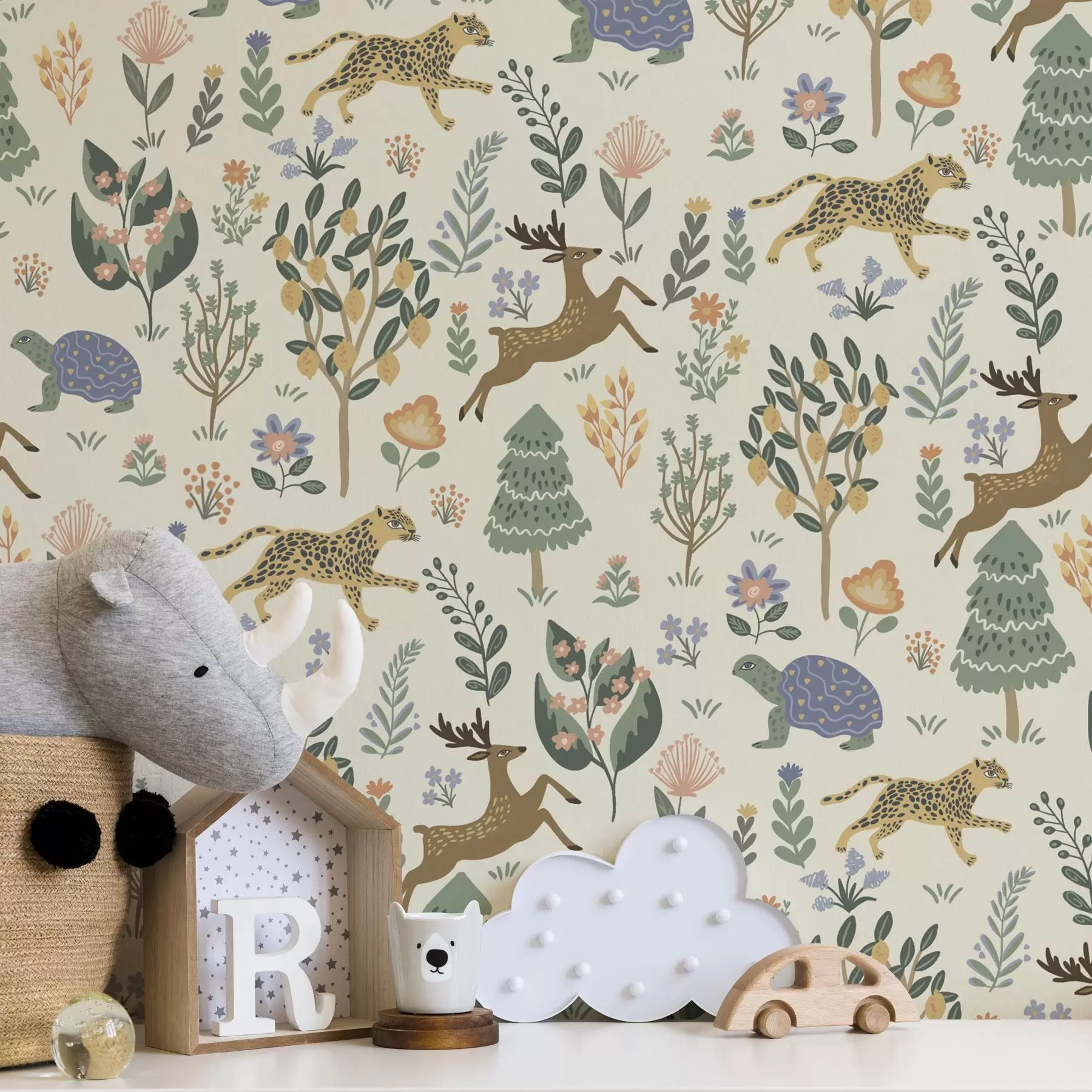 Fotobehang Retro illustratie met luipaarden, bomen en herten a00184