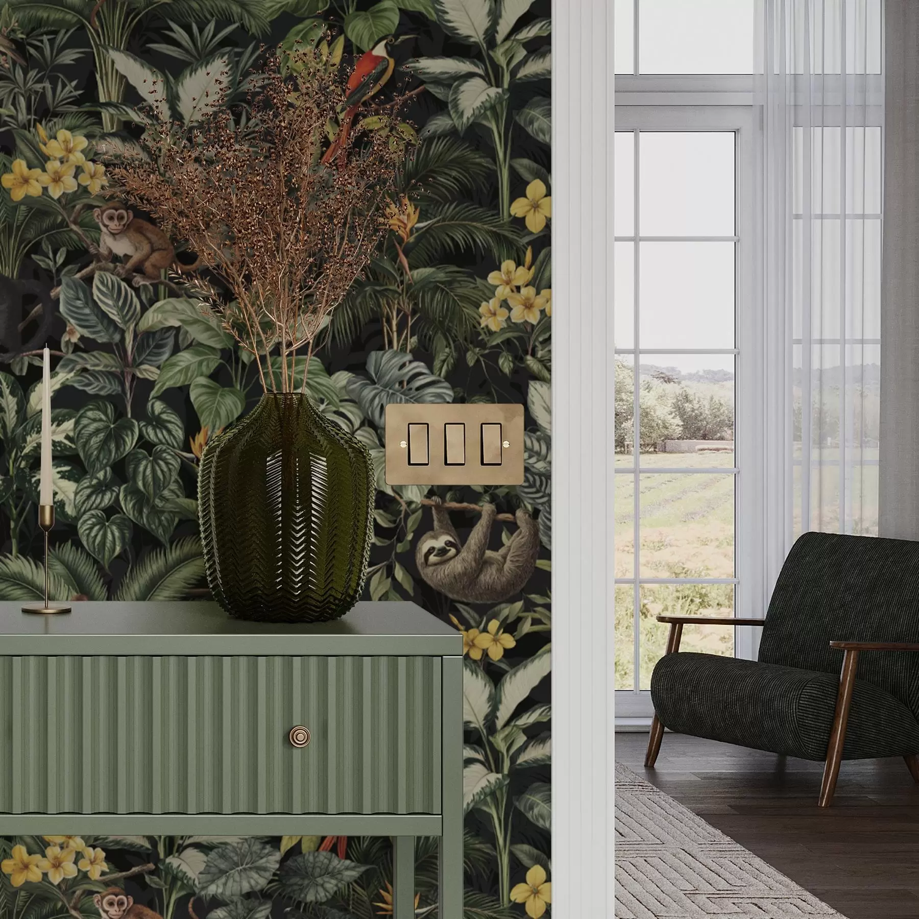 Fotobehang Tropische jungle met apen, vogels en dicht gebladerte a00191