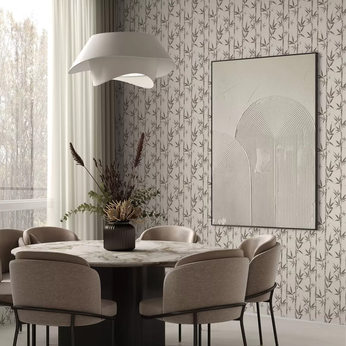 Behang Beige bamboepatroon met bladeren in Japanse stijl a00236