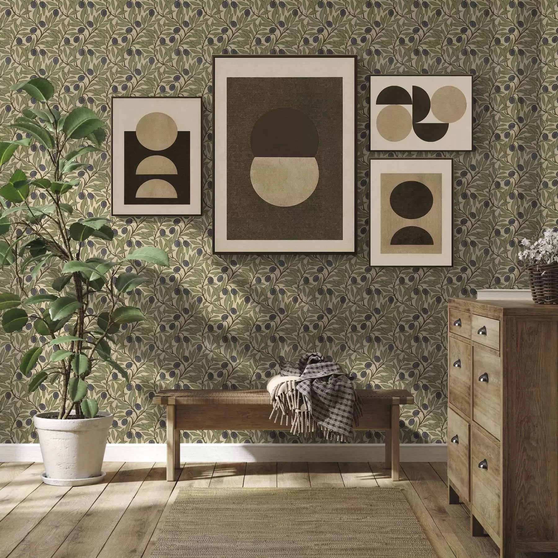 Fotobehang Olijven aan takken in warm olijfpalet a00246