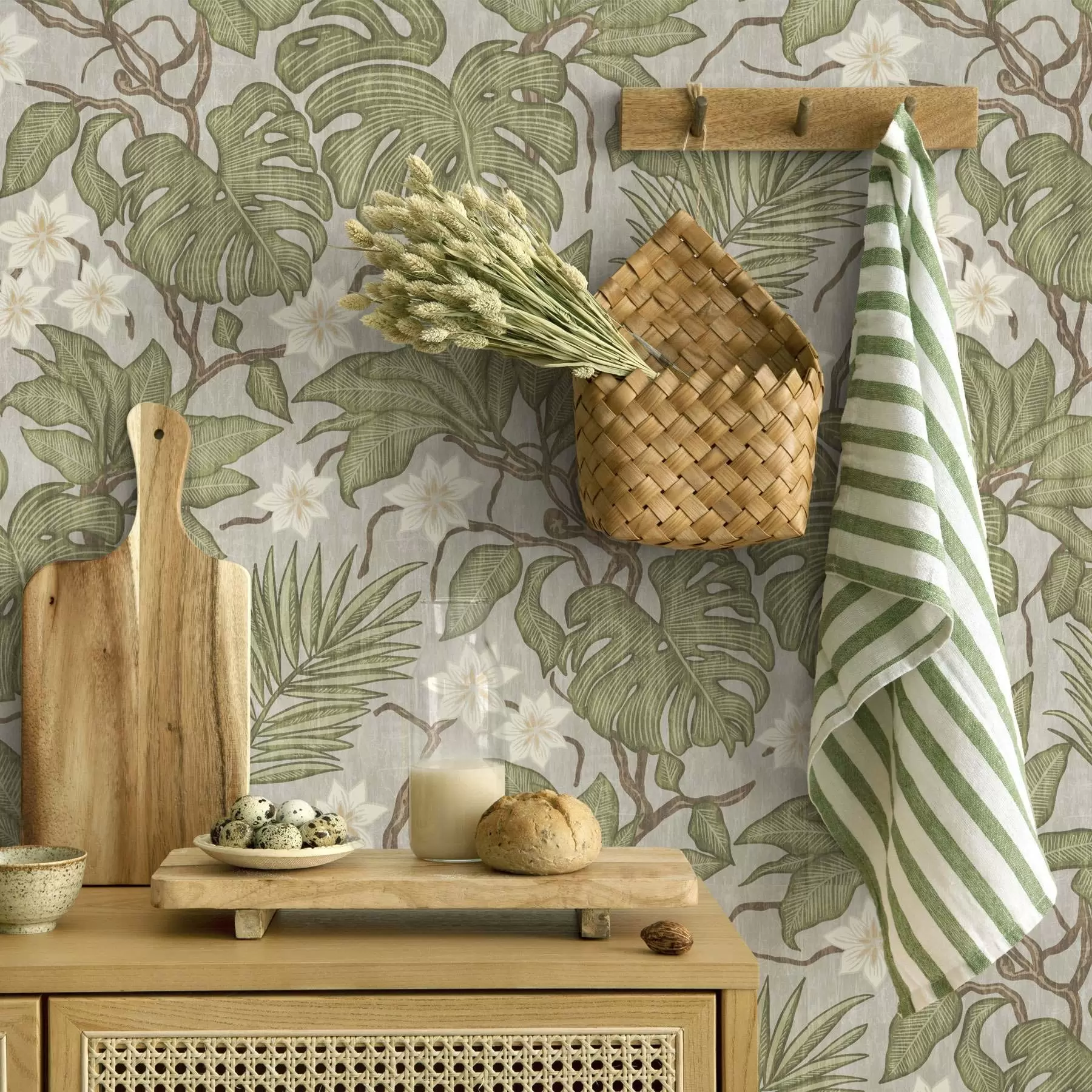 Fotobehang Tropische monstera bladeren en bloemen op een grijze achtergrond a00249