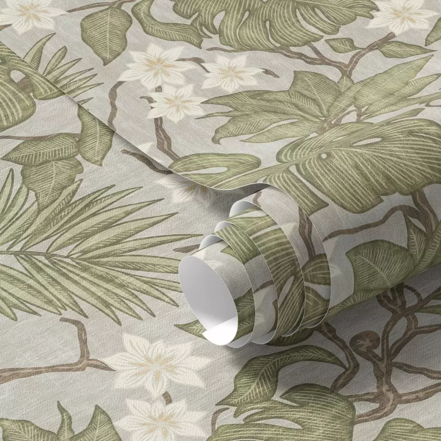 Papier peint photo Feuilles et fleurs de monstres tropicaux sur fond gris a00249