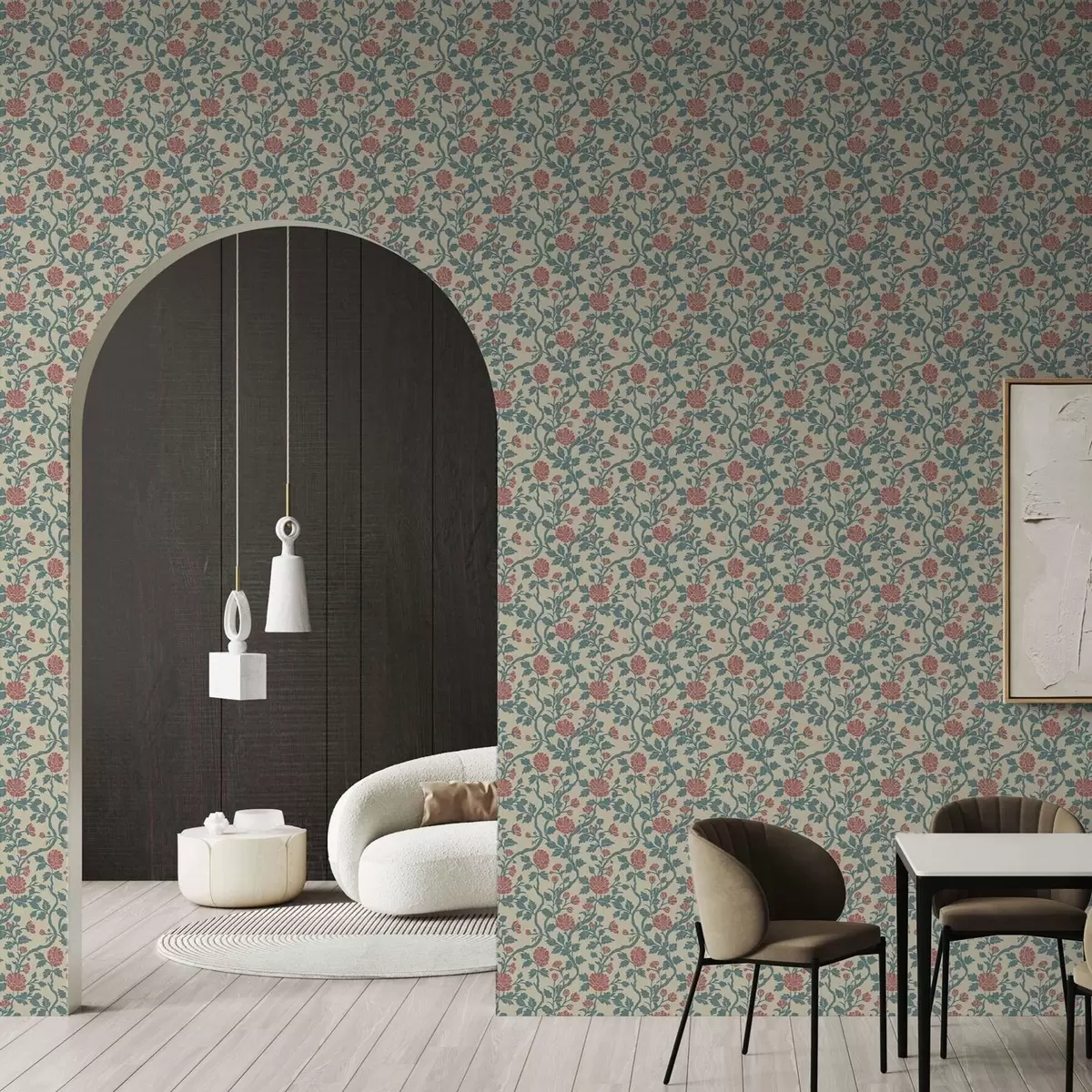 Papier peint Motif rétro avec des fleurs rouges et vertes a00250