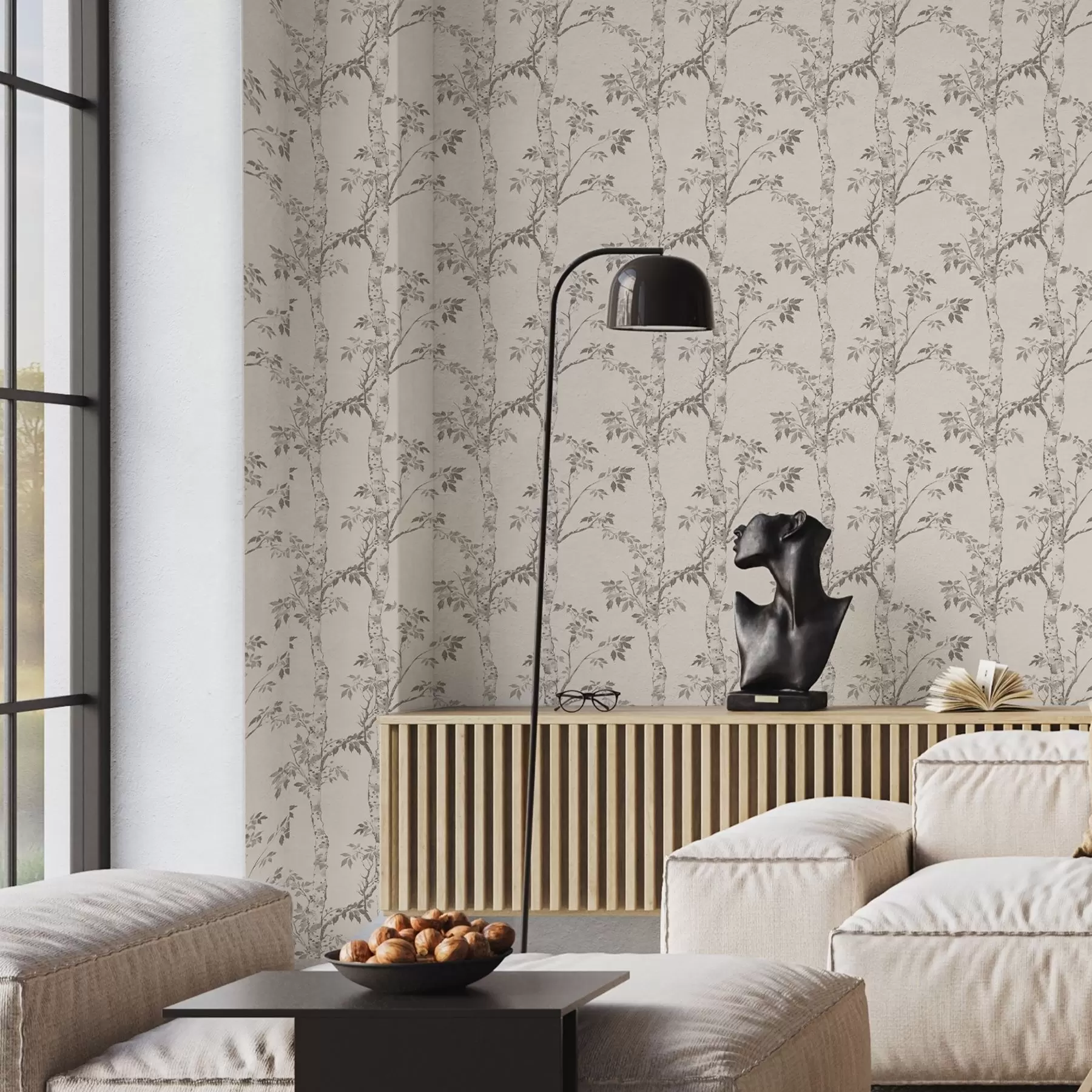 Fotobehang Berkentakken met bladeren op een lichte achtergrond a00257