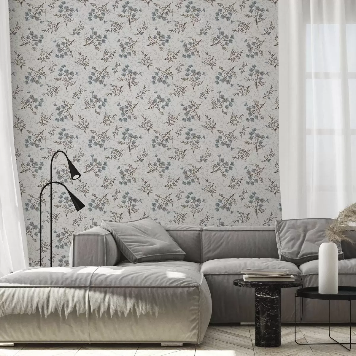 Papier peint Petites fleurs bleues avec des branches brunes a00265