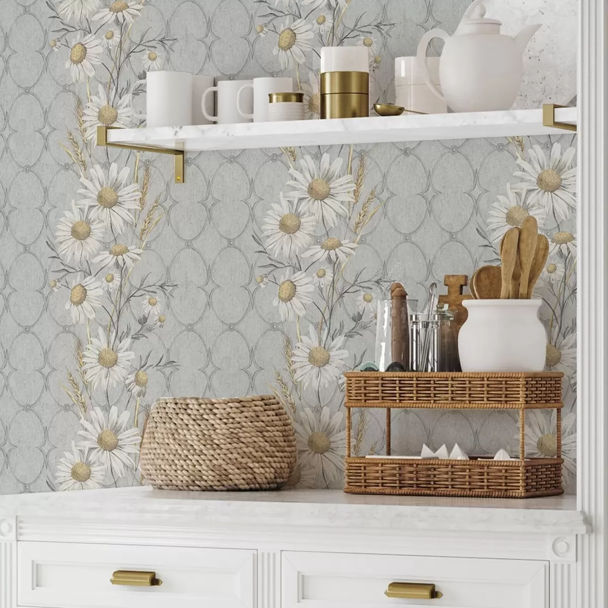 Papier peint Marguerites sur fond gris avec motif géométrique a00269