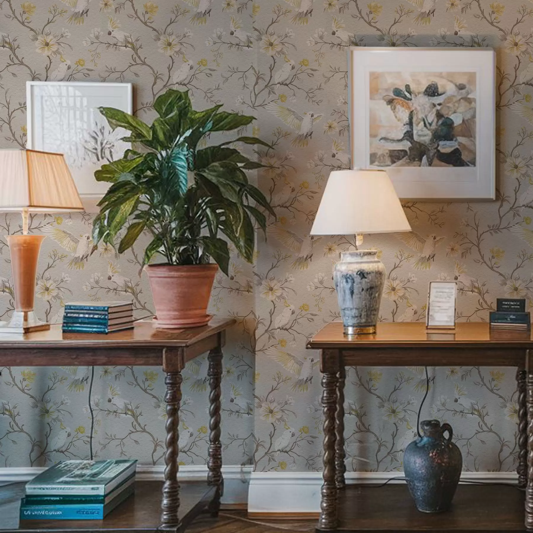 Fotobehang Papegaaien en gele bloemen op lichte achtergrond a00270