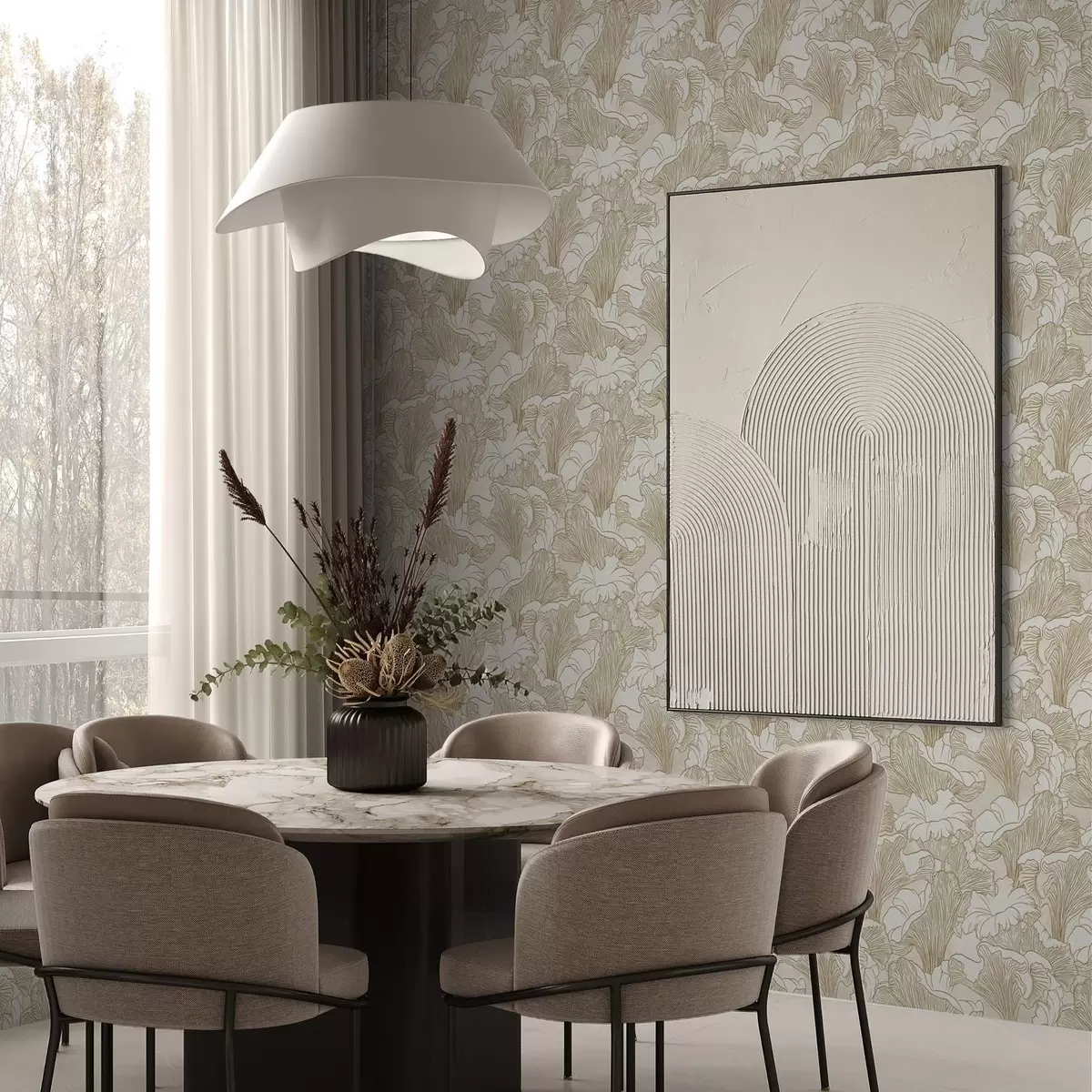 Behang Cantharel champignons, lijntekening op crème achtergrond a00275