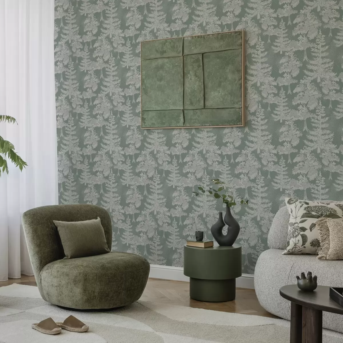 Papier peint Arbres de conifères en style tableau noir sur fond vert a00280