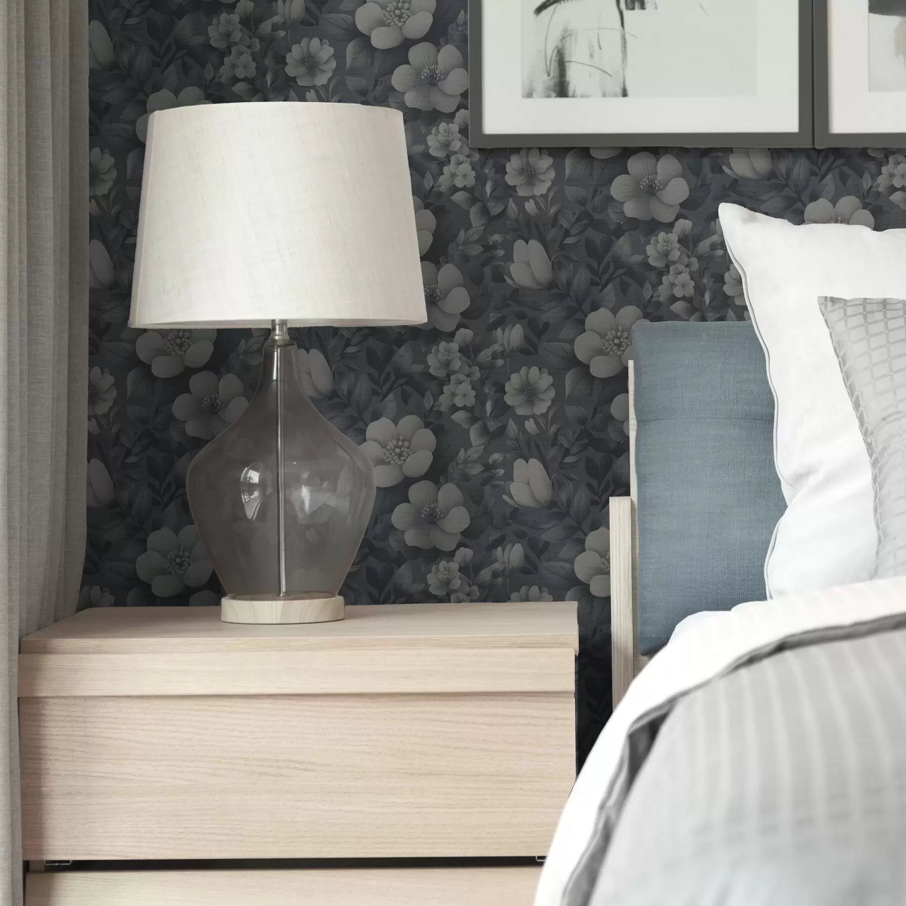 Fotobehang Donkerblauw patroon met volumineuze witte bloemen a00282