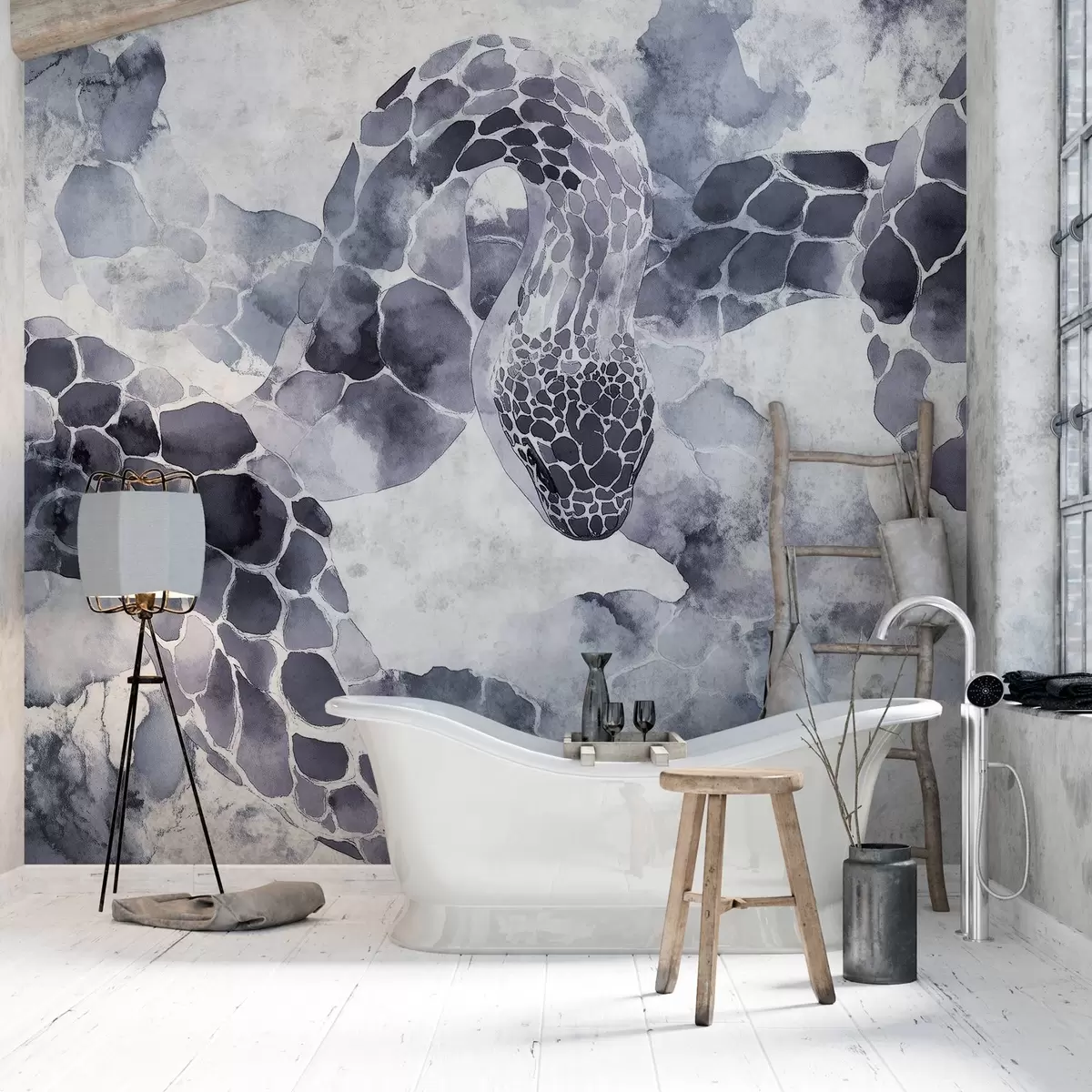 Papier peint photo Silhouette de serpent, style aquarelle, couleurs bleues w04113
