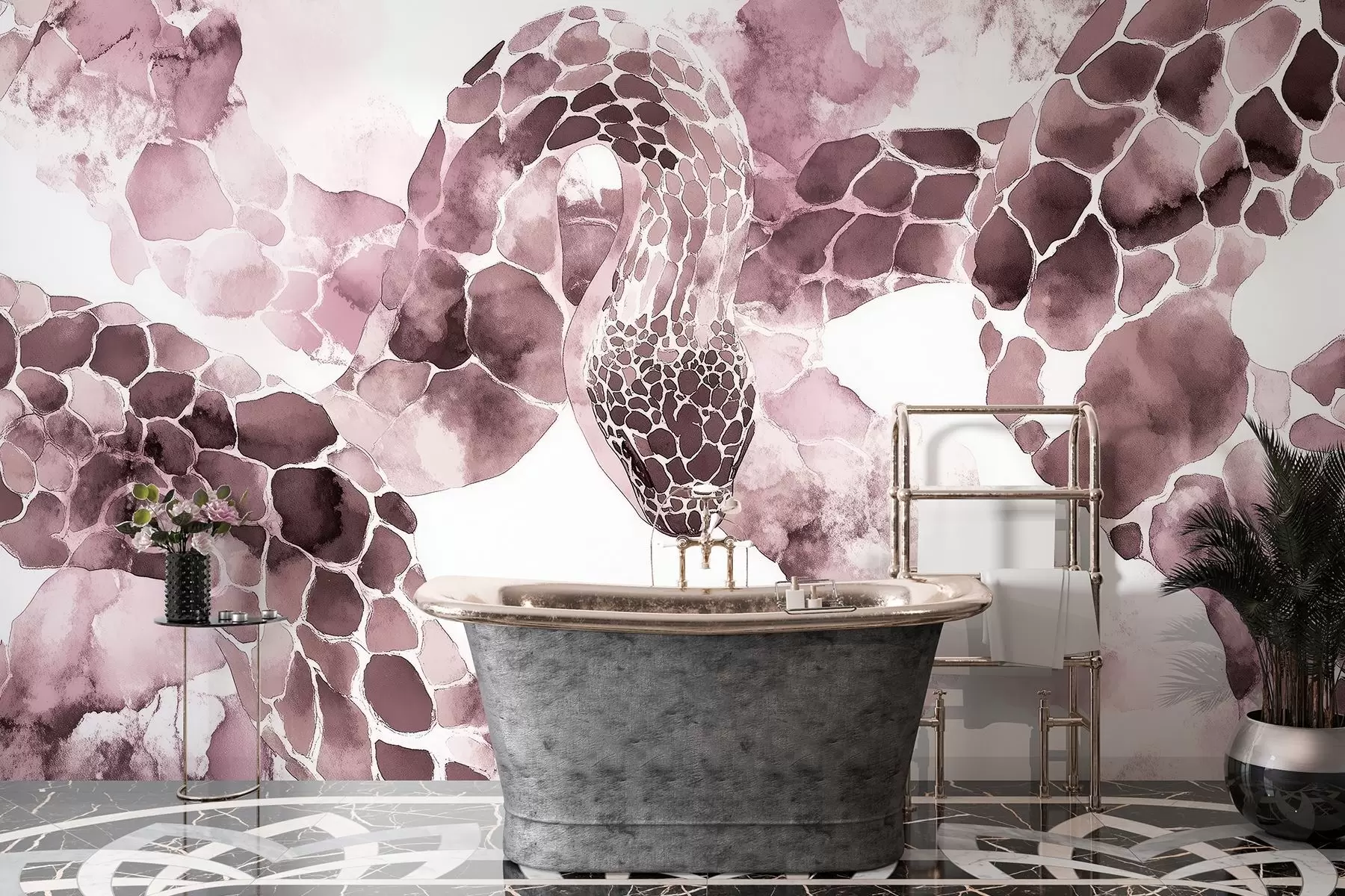 Fotobehang Silhouet van slang, aquarelstijl, bordeauxrode kleuren w04113v1