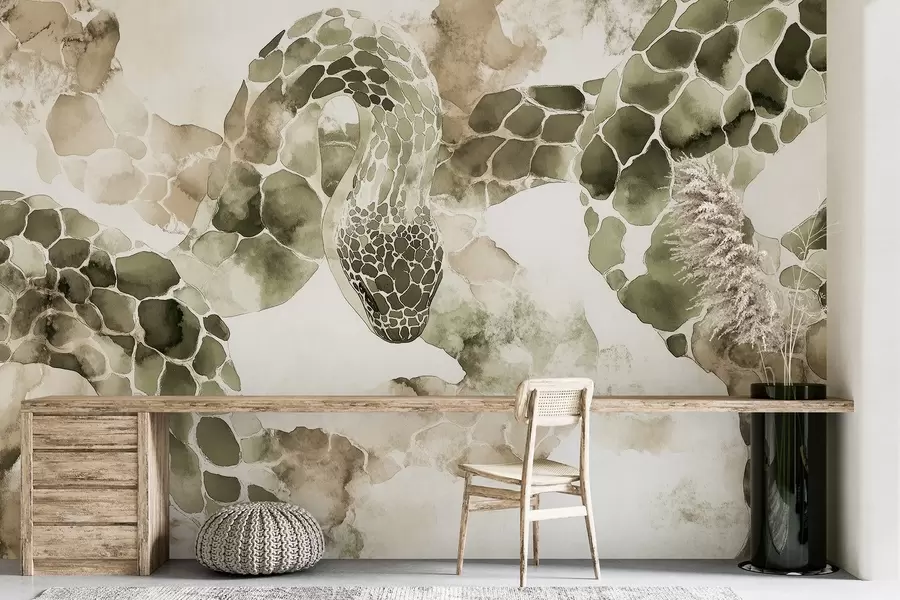 Papier peint photo Silhouette de serpent, style aquarelle, couleurs olive w04113v3