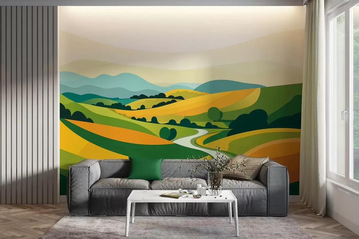 Fotobehang Abstract landschap met heuvels en bomen, levendige kleuren w04116