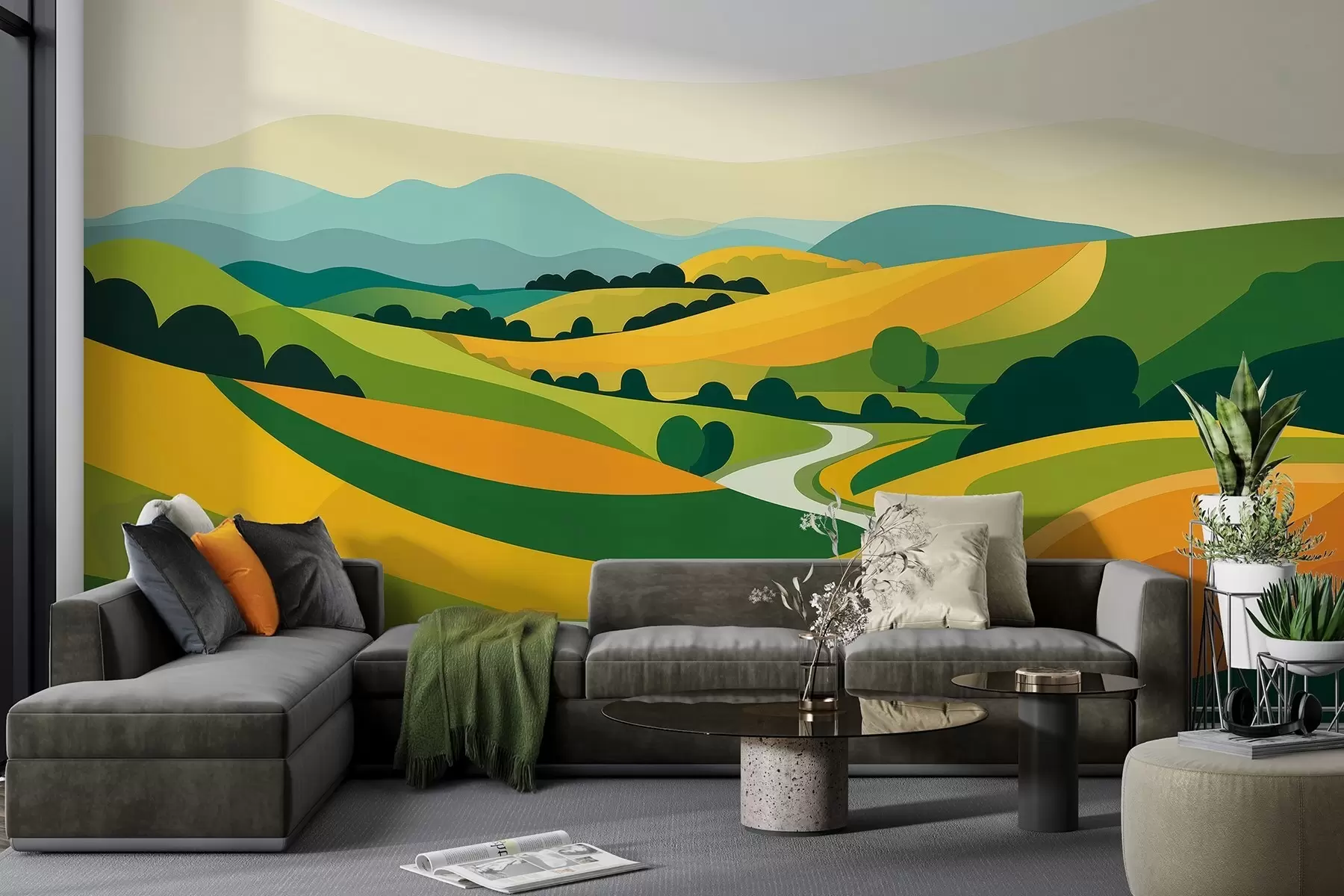 Fotobehang Abstract landschap met heuvels en bomen, levendige kleuren w04116