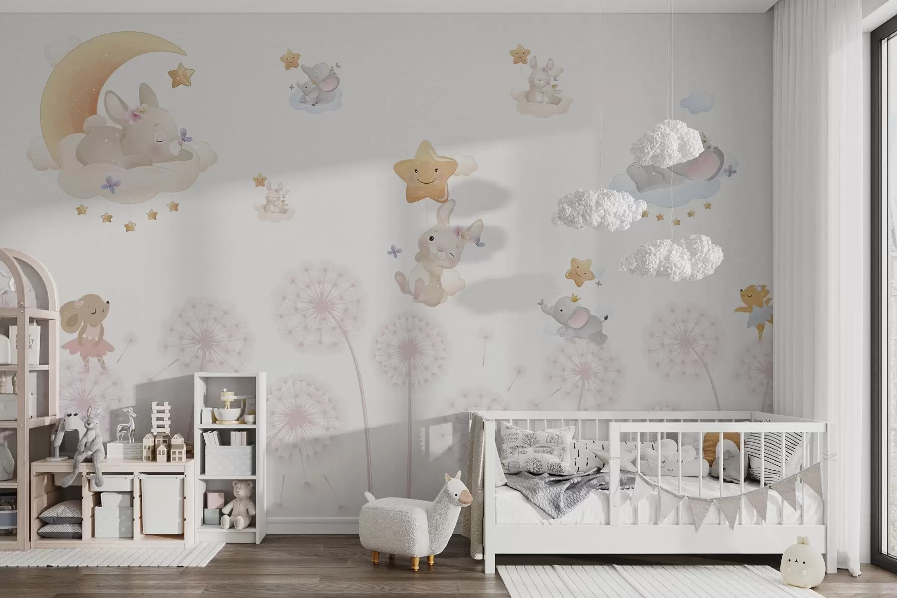 Fotobehang Schattig konijn en sterren tussen paardenbloemen op een witte achtergrond w04195