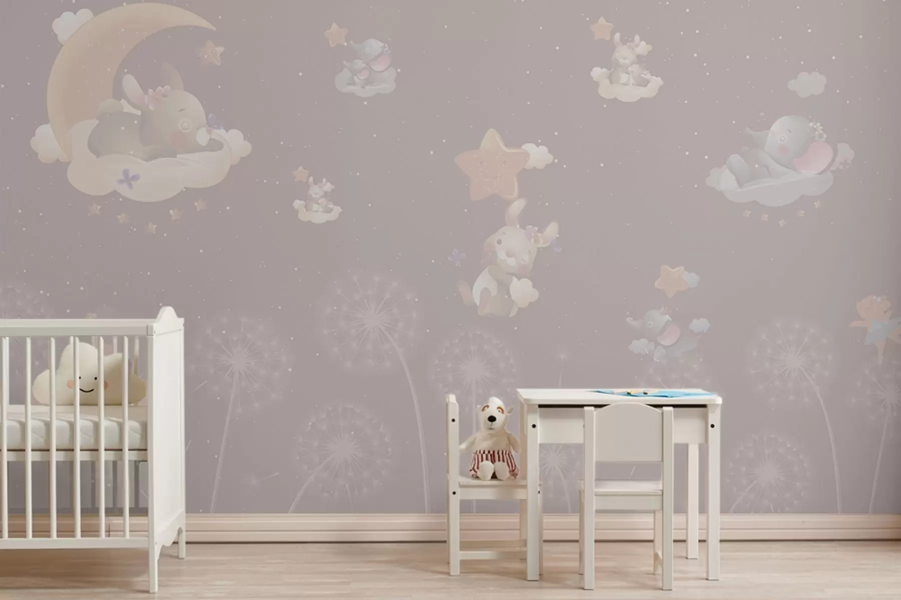 Fotobehang Sprookjesnacht met konijn en paardenbloemen op roze achtergrond w04195v2
