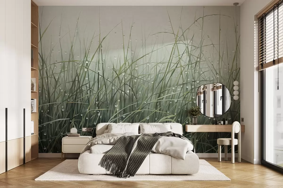 Papier peint photo Herbe avec gouttes d'eau, tons verts atténués, lumière douce, arrière-plan brumeux, style abstrait minimaliste texturé w09217