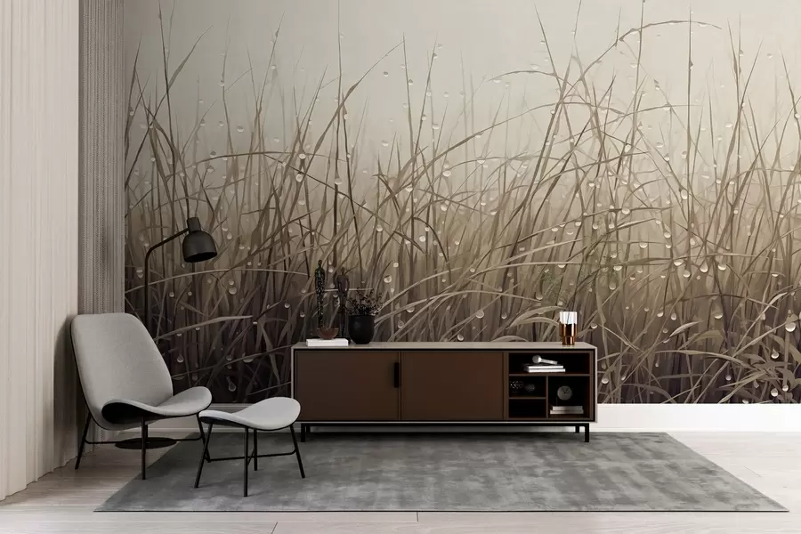 Fotobehang Gras met waterdruppels, gedempte bruine tinten, zacht licht, mistige achtergrond, abstracte minimalistische textuurstijl w09217v1