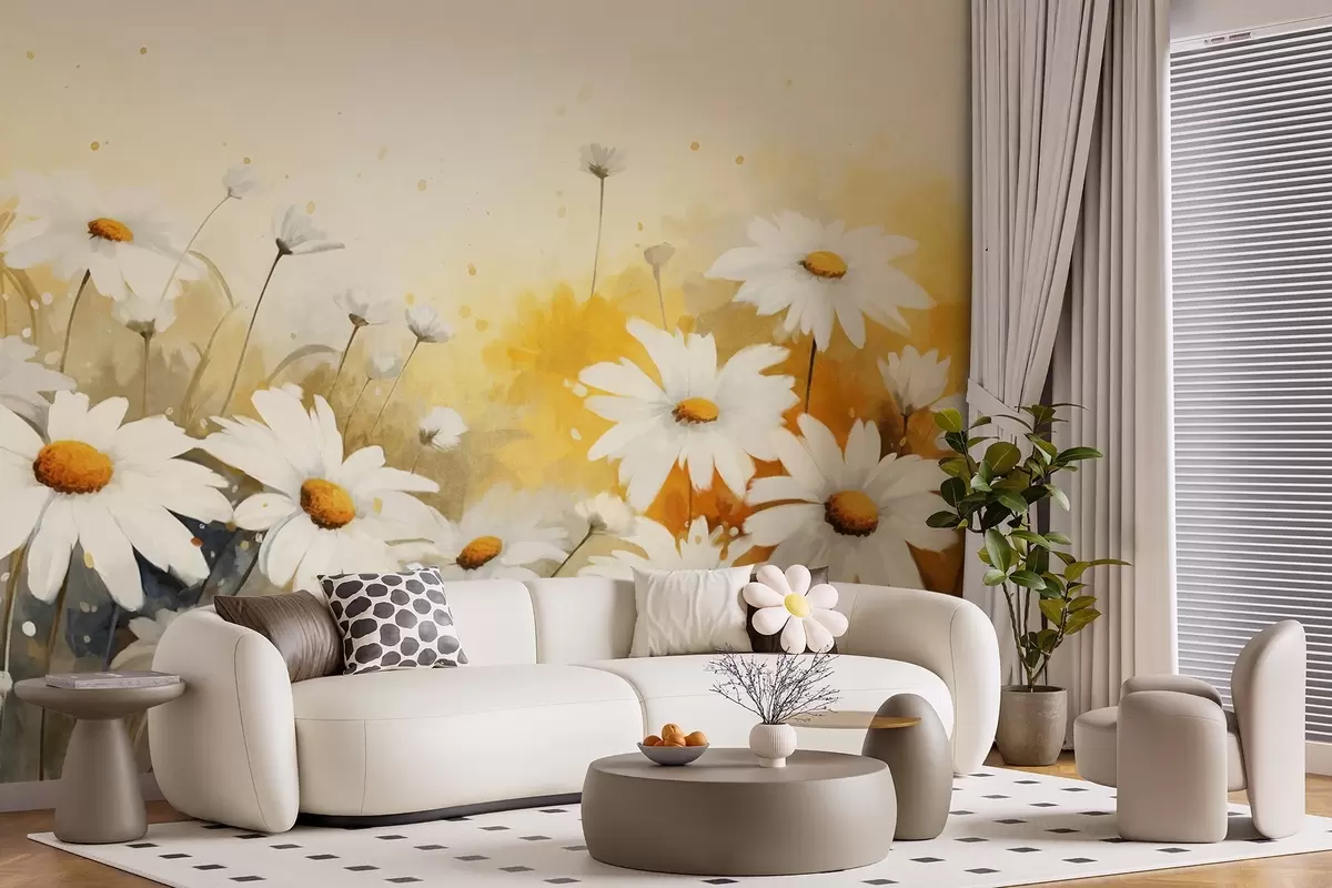 Fotobehang Een veld van witte margrieten met gele harten, tegen een zachtgele en beige achtergrond, aquarelstijl w09218