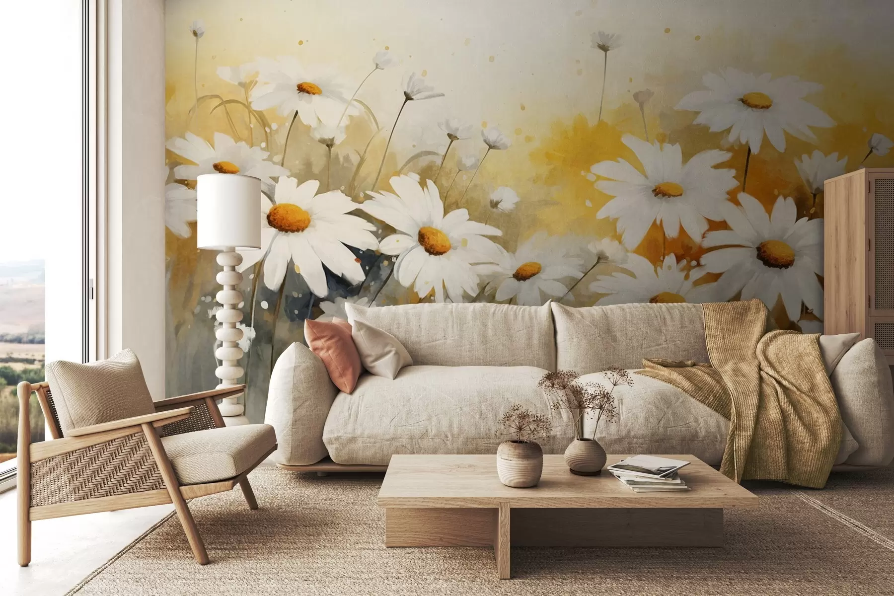 Fotobehang Een veld van witte margrieten met gele harten, tegen een zachtgele en beige achtergrond, aquarelstijl w09218