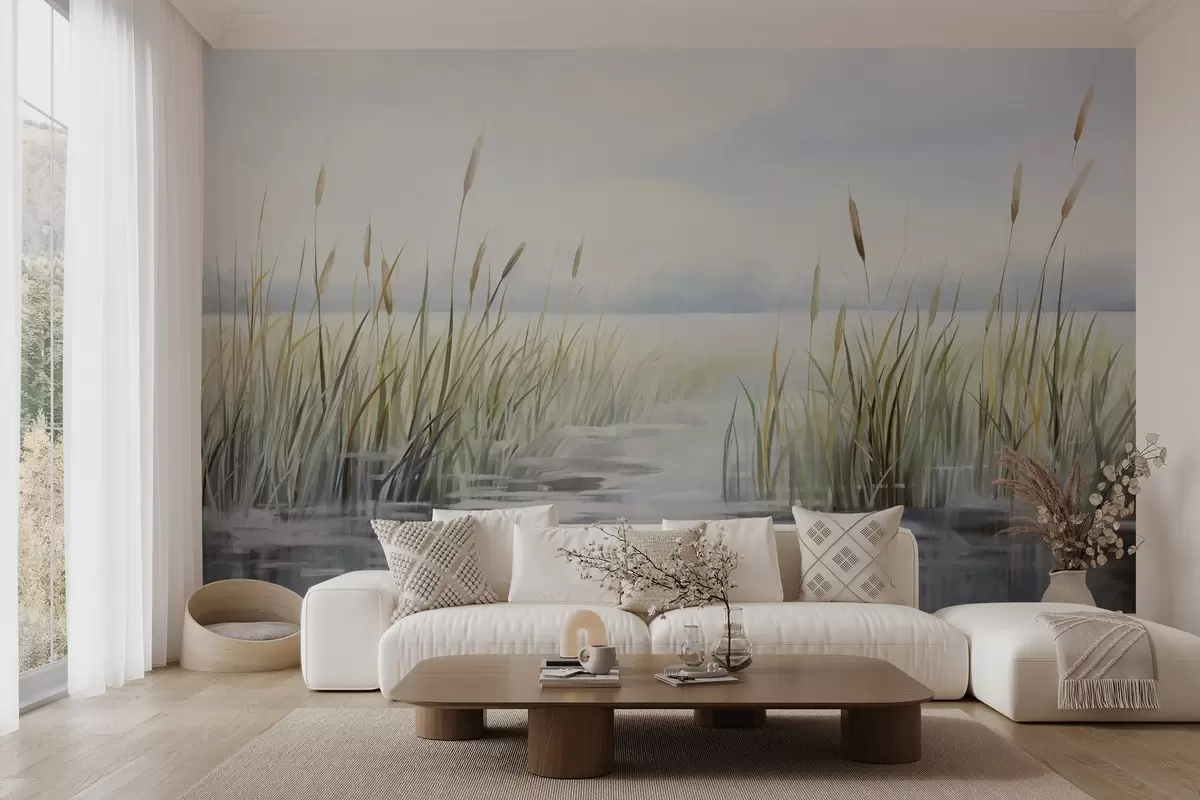 Fotobehang Een aquarel structuurschilderij imitatie van landschap met meer, gras, bewolkte lucht en wazige achtergrond w09219