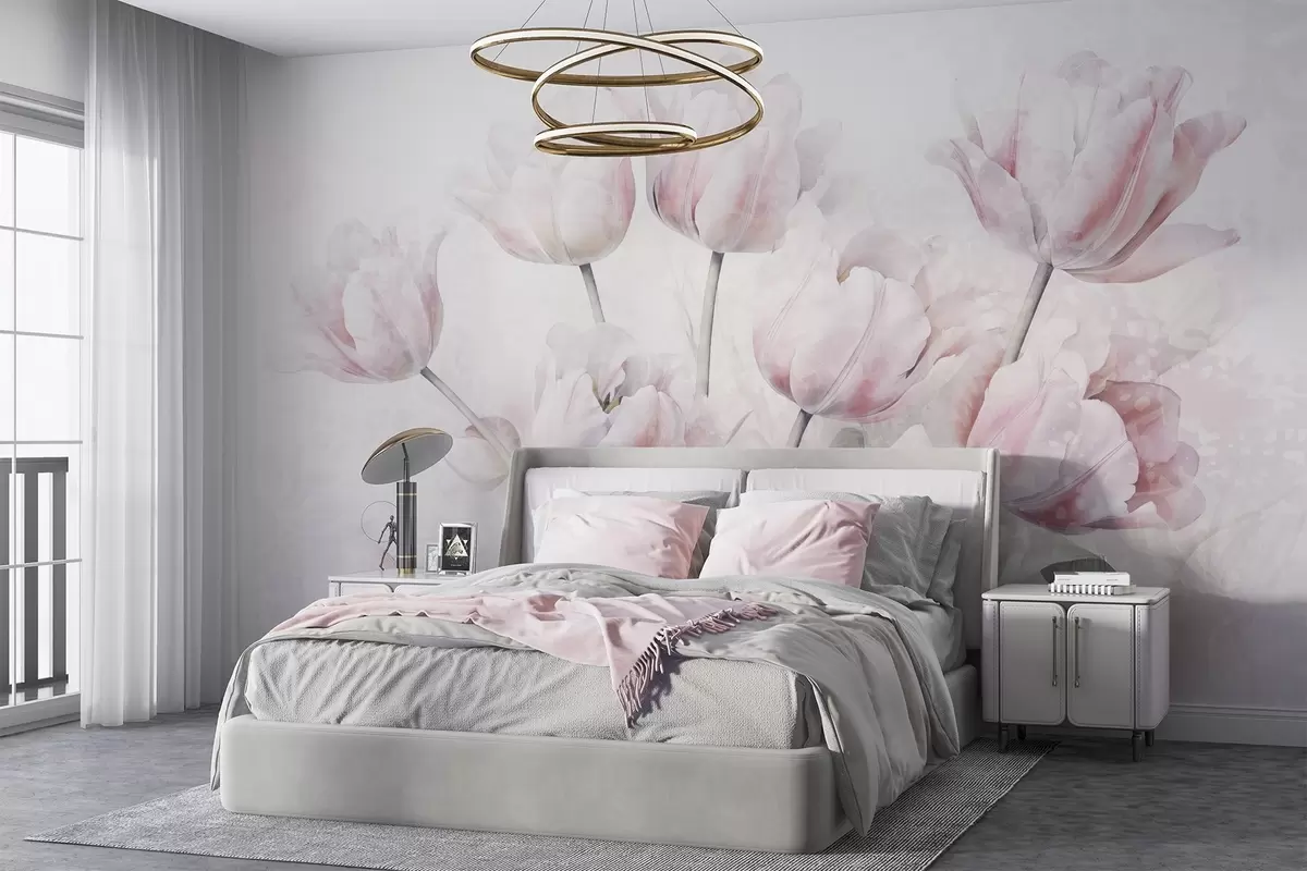 Fotobehang Roze getextureerde tulpen met groene bladeren, zacht licht, vintage aquarelstijl, fijne penseelstreken w09220