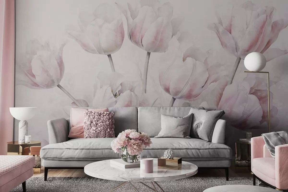 Fotobehang Roze getextureerde tulpen met groene bladeren, zacht licht, vintage aquarelstijl, fijne penseelstreken w09220