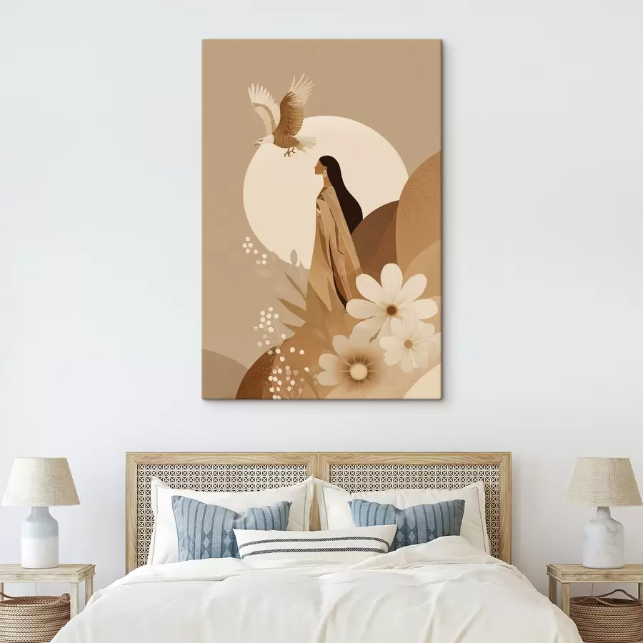  Peintures Abstraction avec femme et aigle dans le ciel, couleurs beiges s44978