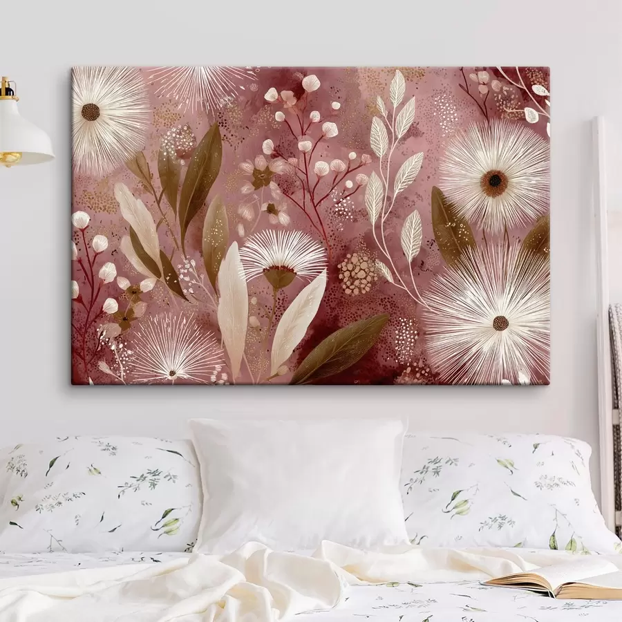  Peintures Fleurs blanches de style boho sur fond rouge, dessin détaillé s44979