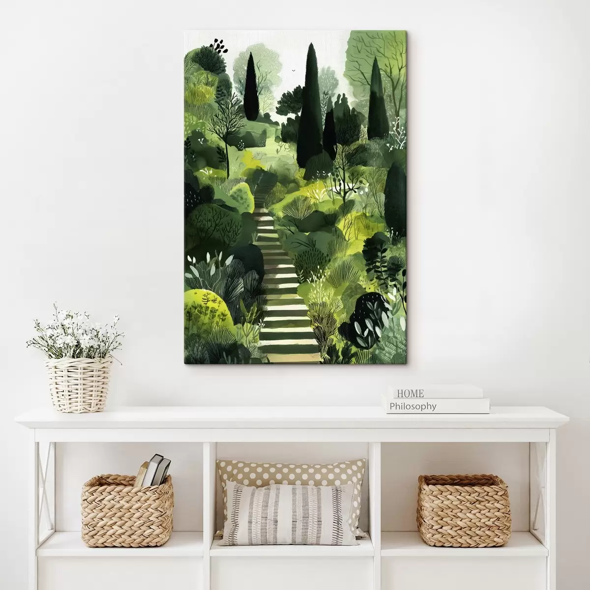  Peintures Collines vertes avec arbres et buissons, escaliers en béton, couleurs luxuriantes s44980