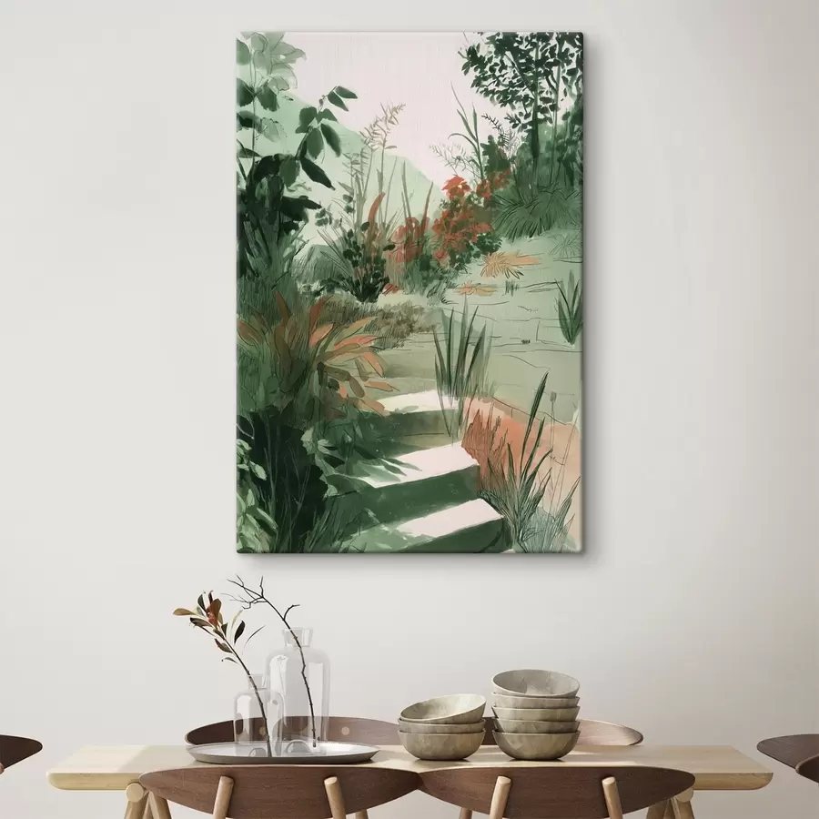 Fotobehang Oosterse tuin met struiken en bomen, groene kleuren s44982
