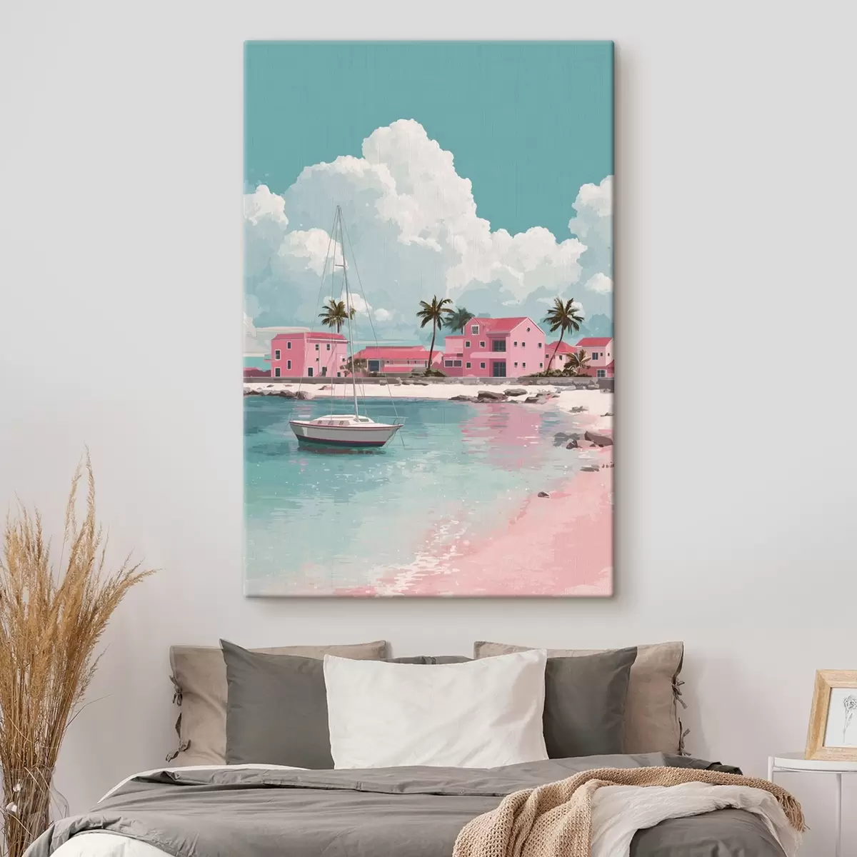  Peintures Plage rose avec soleil éclatant, voilier et maisons s44986