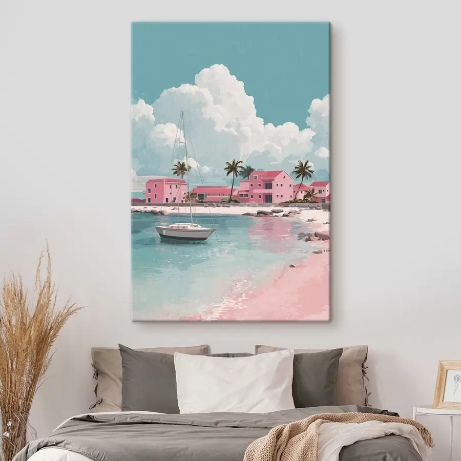  Peintures Plage rose avec soleil éclatant, voilier et maisons s44986