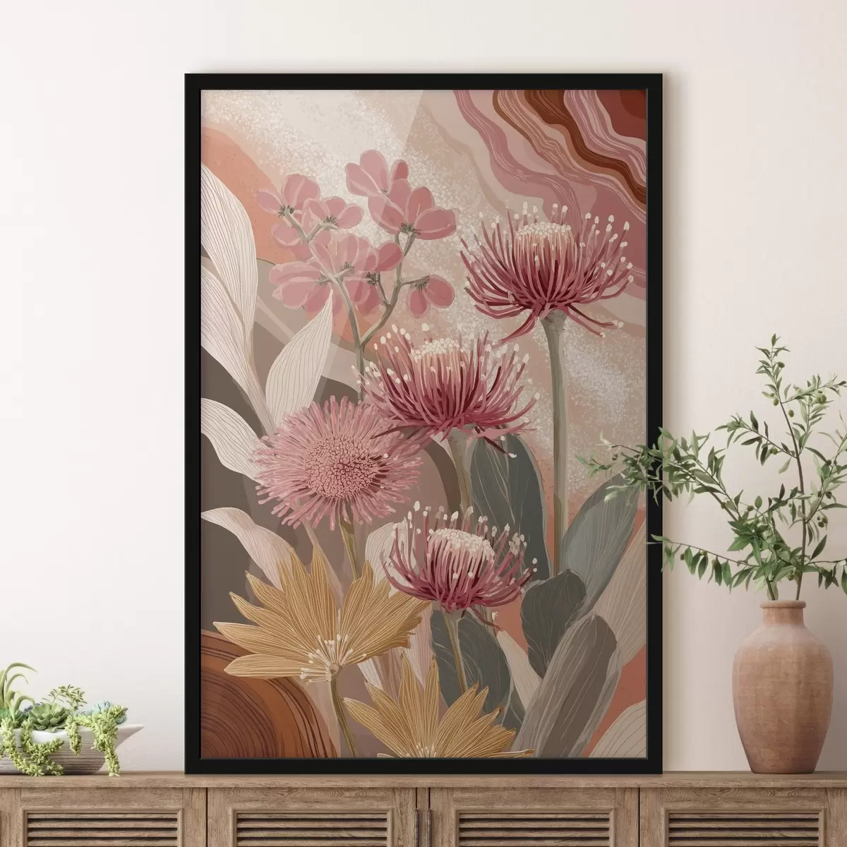 Affiche Belles fleurs, dessin à l'huile, couleurs rouge et rose f44975