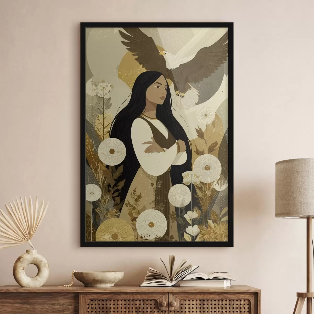 Poster Vrouw met vliegende adelaar, tribale stijl, beige kleuren f44977