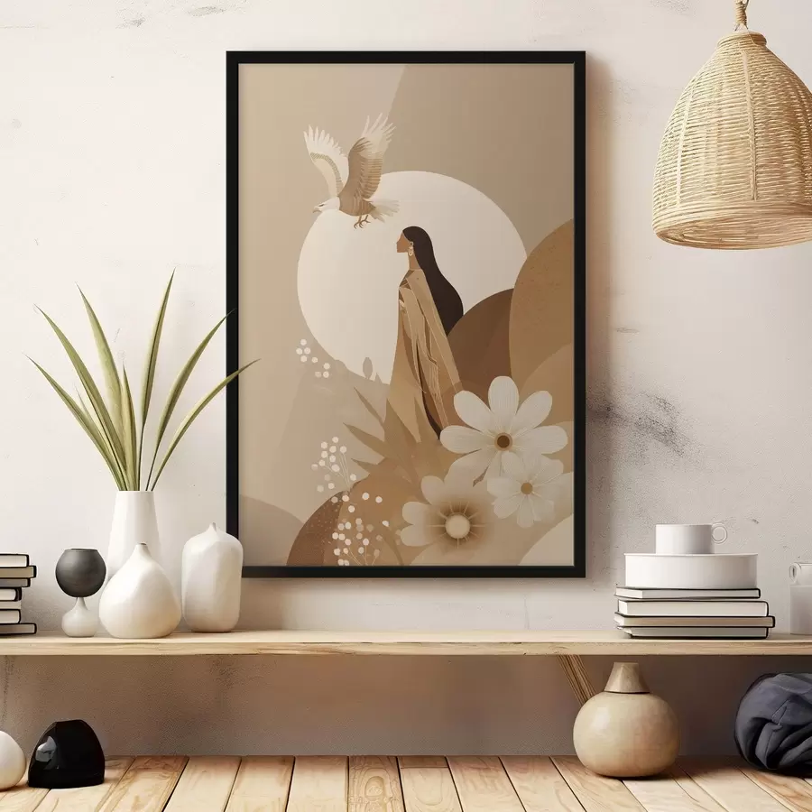 Fotobehang Abstractie met vrouw en adelaar in de lucht, beige kleuren f44978