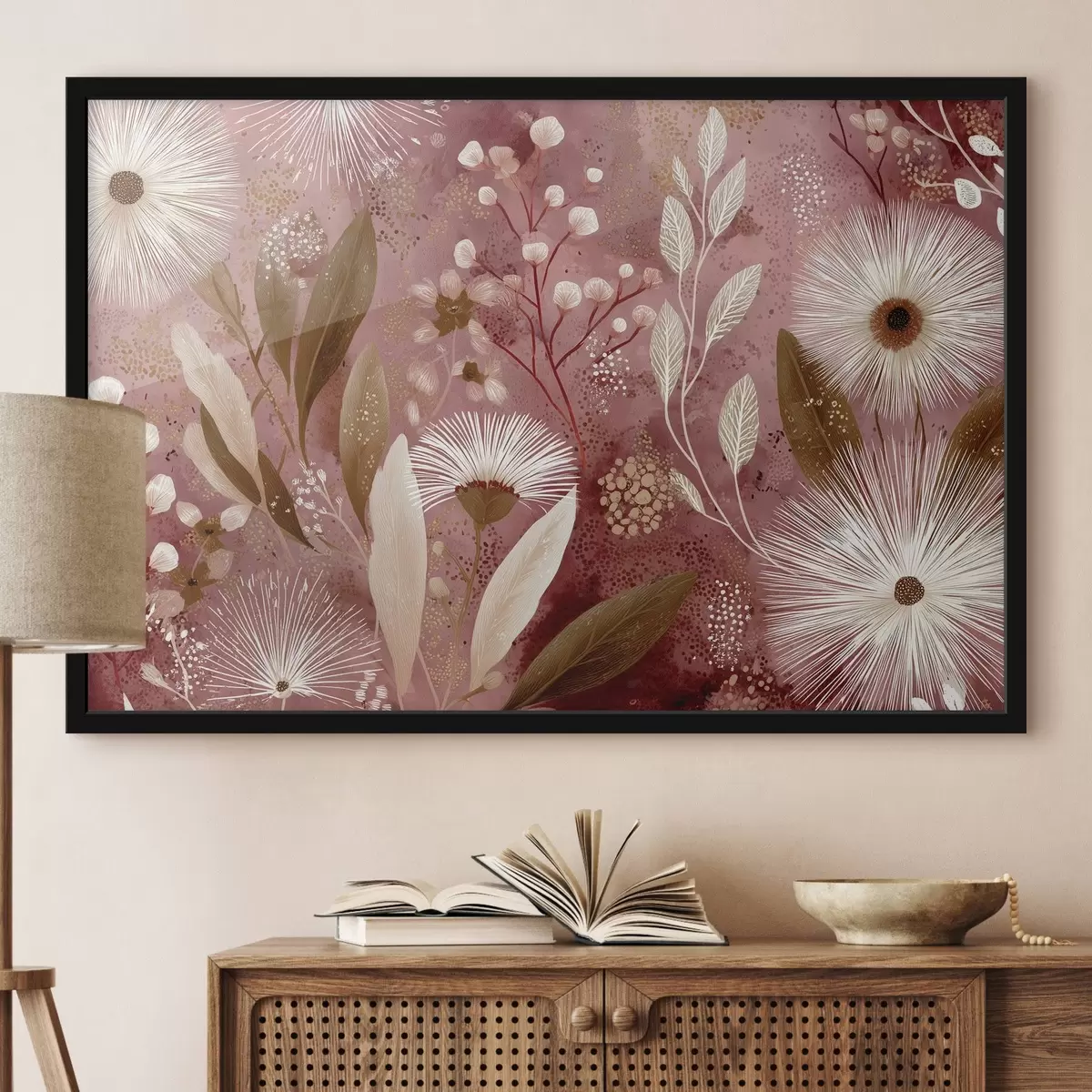 Poster Boho stijl witte bloemen op de rode achtergrond, gedetailleerde tekening f44979