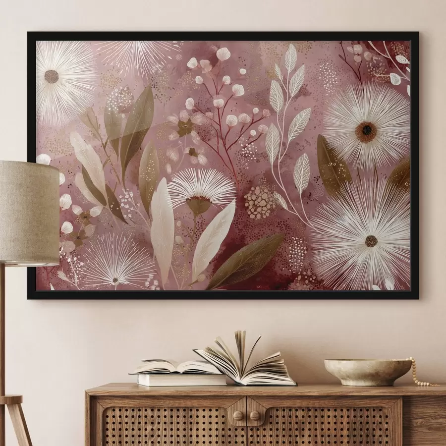 Fotobehang Boho stijl witte bloemen op de rode achtergrond, gedetailleerde tekening f44979