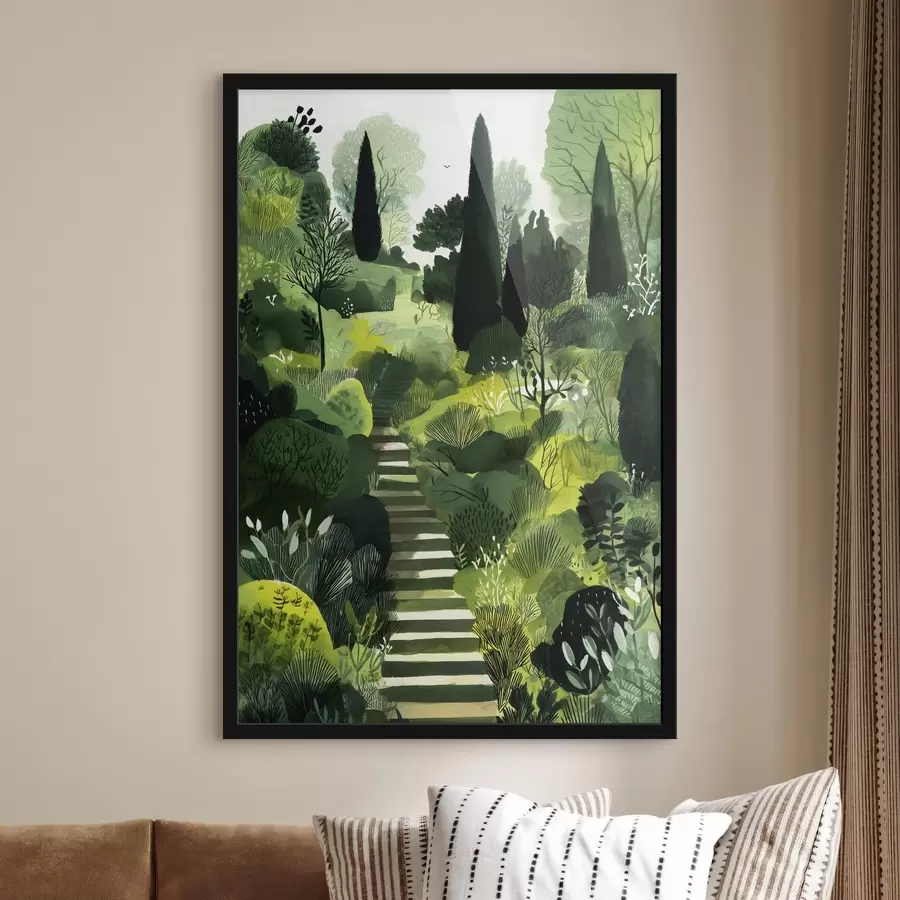 Fotobehang Groene heuvels met bomen en struiken, betonnen trappen, weelderige kleuren f44980