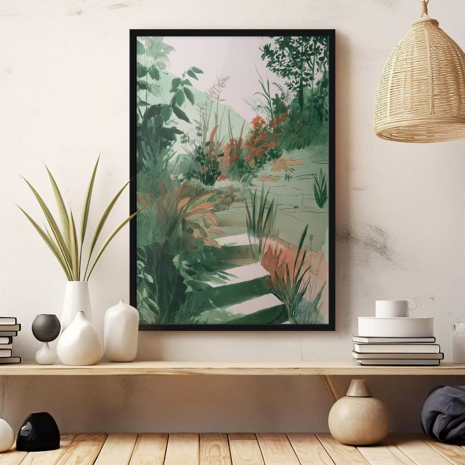  Peintures Jardin oriental avec buissons et arbres, couleurs vertes f44982