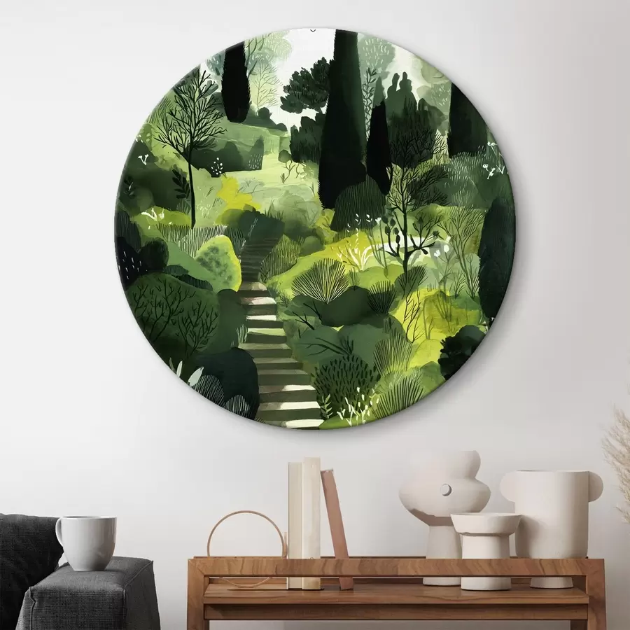  Schilderijen Groene heuvels met bomen en struiken, betonnen trappen, weelderige kleuren r44980