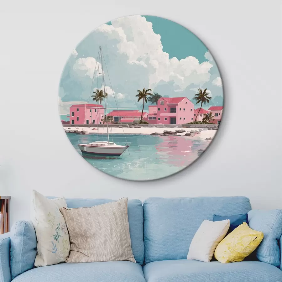  Schilderijen Roze strand met felle zon, zeilboot en huizen r44986