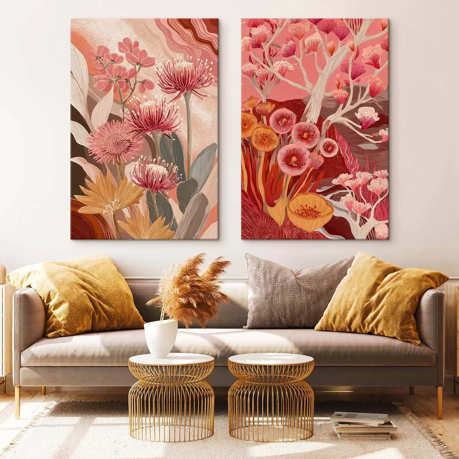  Peintures Fleurs de style boho, dessin détaillé, couleurs bordeaux m00476