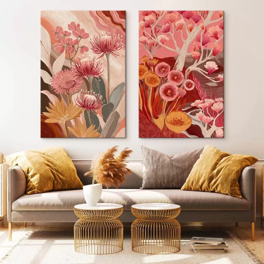  Peintures Fleurs de style boho, dessin détaillé, couleurs bordeaux m00476