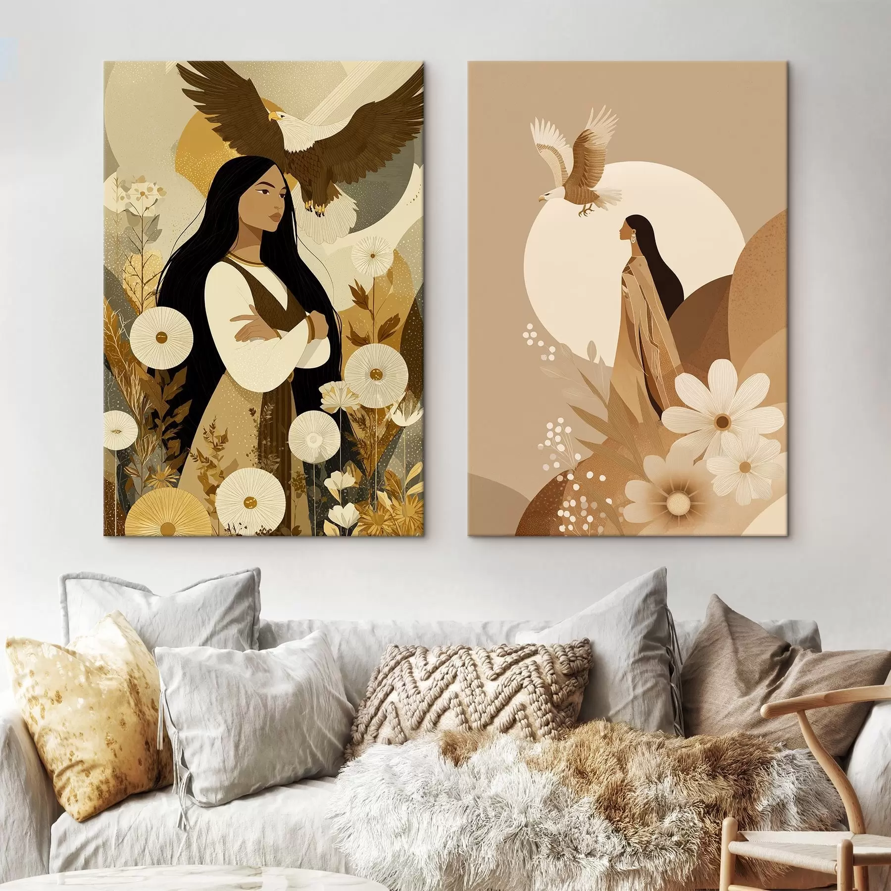  Peintures Femmes avec aigles volants, style tribal, couleurs beiges m00477