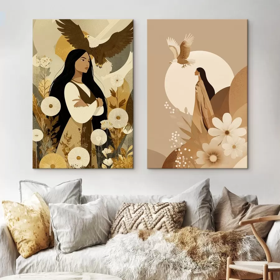  Peintures Femmes avec aigles volants, style tribal, couleurs beiges m00477