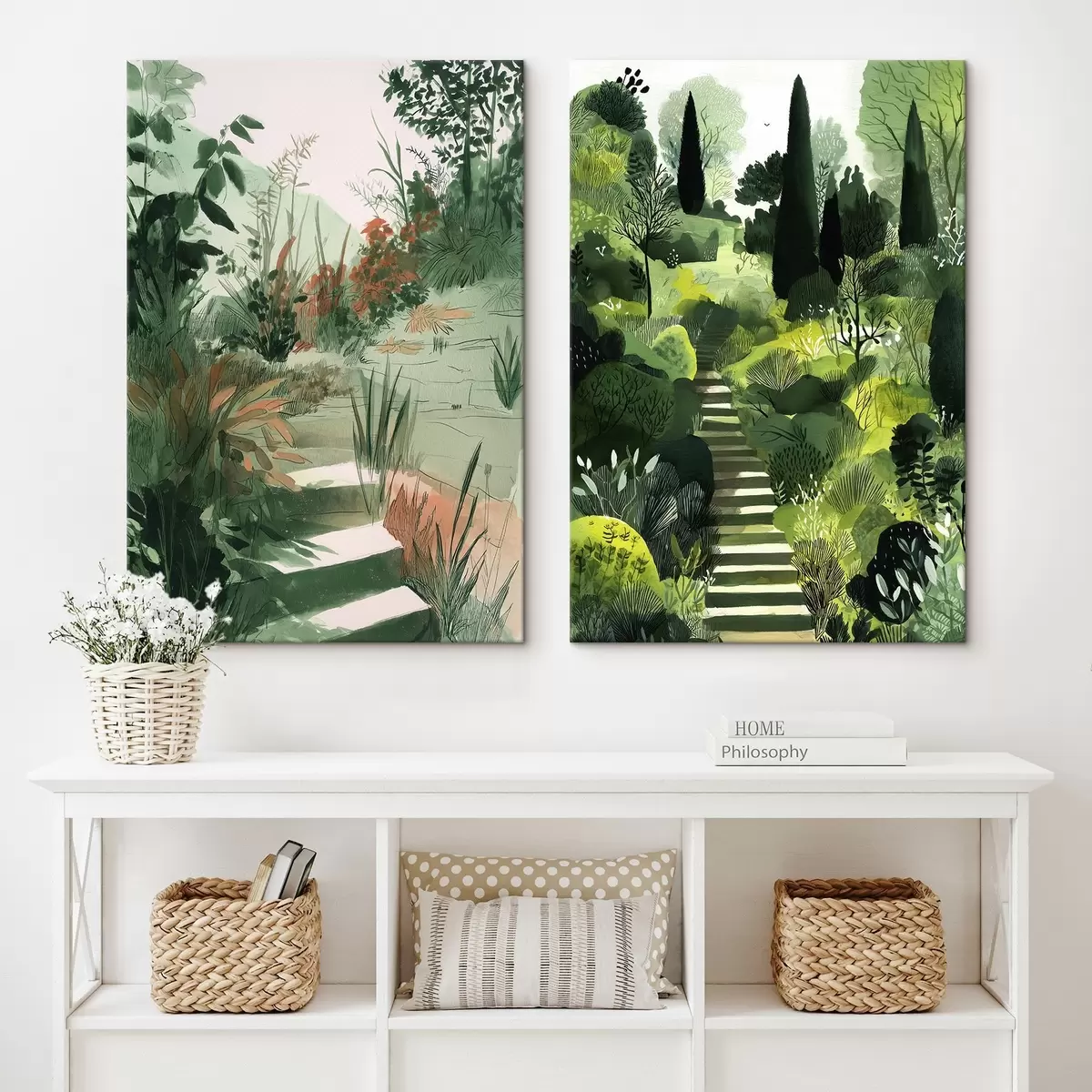  Schilderijen Groene oosterse tuin met struiken en bomen m00478